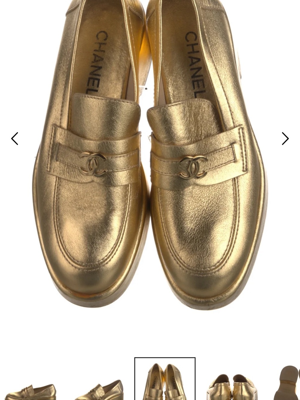 CHANEL Gold Metallic Leather Penny Loafers 39/9